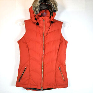 Athleta Womens Quilted Down Faux Fur Hooded Puffer Vest Size XS Orange Hiking